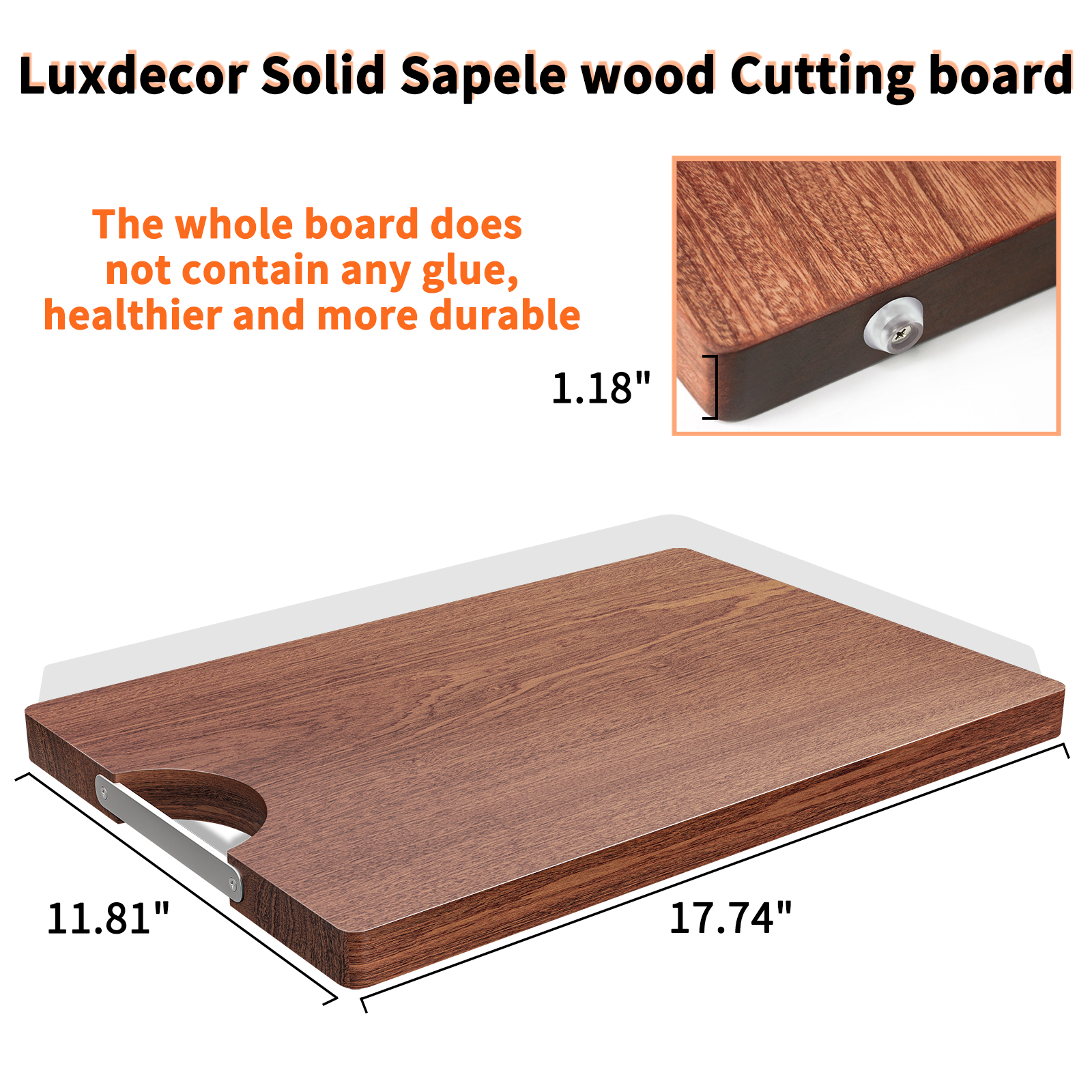 Real Solid Wood Cutting Board- Single Piece Wooden Cutting Board No Splicing&Glue, Sapele Wood Cutting Boards Of 17.7 * 11 .8* 1.2 in Heavy Duty