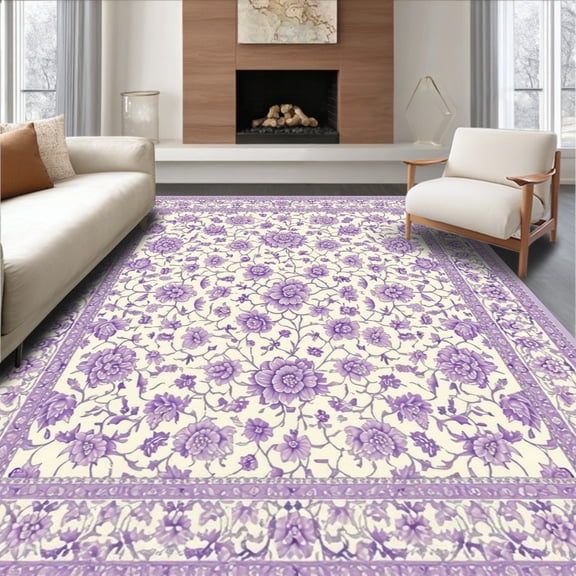 ODIKA 4'x6' Machine Washable Non-Slip Area Rug, Lavender Garden Floral High Traffic Rug, Ivory, 65194