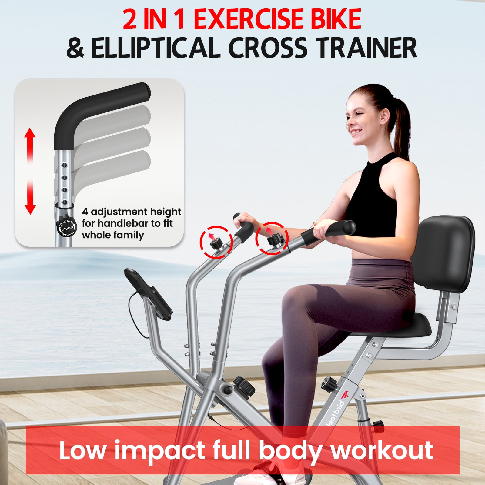 LNOW Elliptical Exercise Machine Foldable Exercise Bike with Arm Exerciser Indoor Cycling Bike Magnetic Stationary Bike 300lbs