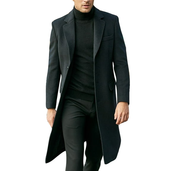 Haite Men Winter Trench Coat Notched Lapel Breasted Pea Coat Casual Jacket Mid Long Overcoat Business Work Outwear
