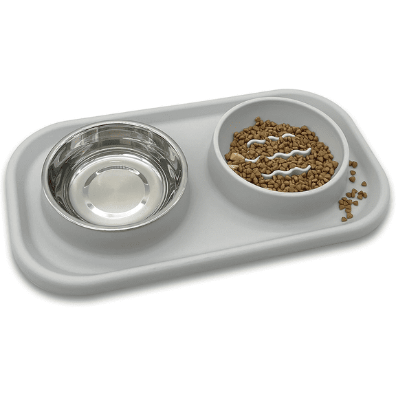 Slow Feeder Dog Cat Bowls, Stainless Steel with Silicone Mat Dog Food and Water Bowls Set, Pet Feeder to Slow Down Eating for Cats, Small Dog