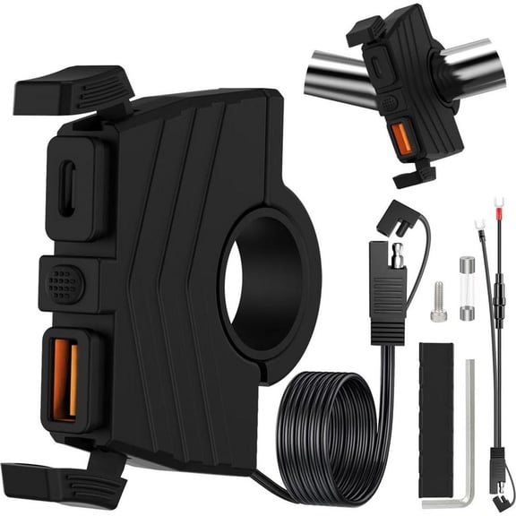 Motorcycle Phone Charger, IP65 Waterproof Dual Port USB, Motorcycle ATV and Tricycle Handlebar Mounting, Qc pd Blue Light