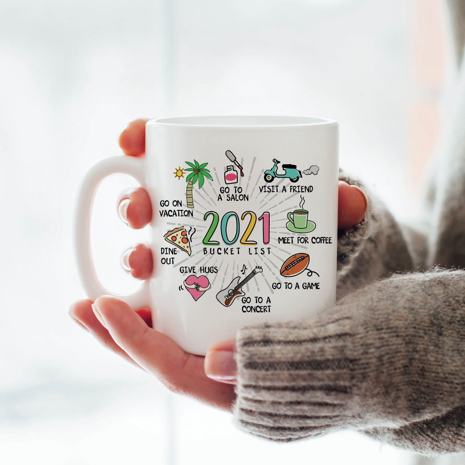 Personalized Planet 11oz 2021 Bucket List Coffee Mug with COVID Humor on White Ceramic Cup