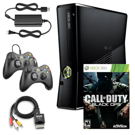Restored Xbox 360 S 4GB Game Console Black with Call of Duty Black Ops and 2 Retrofam Black Controllers (Refurbished)