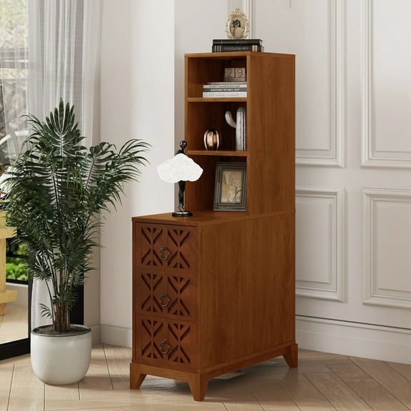 End Table with 3 Drawers, Corner Table with 2 Open Shelves, Tall Side Table for Bedroom and Corner, Walnut,Expect Arrival Date (2025/5/27)