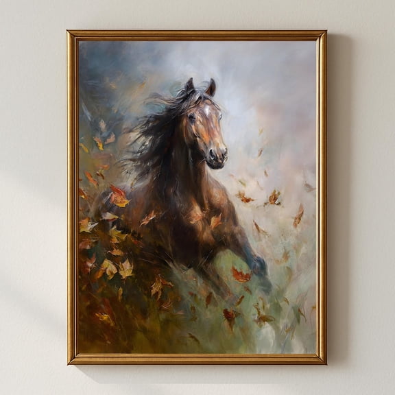 Rustic Horse Wall Art, Moody Running Horse With Autumn Leaves, Equestrian Farmhouse Landscape Decor Home Decor #1057, Unframed Poster Size 8x12