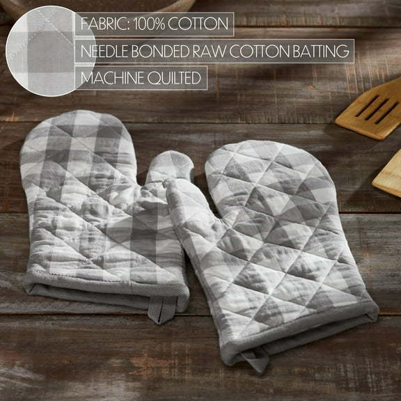 VHC Brands Cotton Oven Mitt Set of 2, Heat Resistant, Baking Glove Pot Holder, Kitchen Mitts, Annie Buffalo Check Collection, 12.5x8, Ash Grey