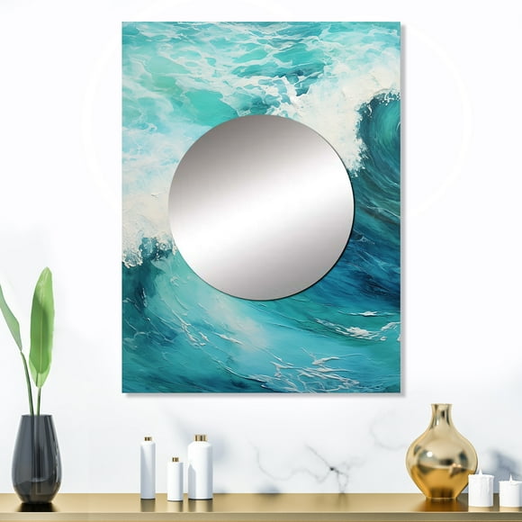 Designart "Expressive Teal Waves Of The Ocean" Coastal Waves Mirror Wall Decor - Coastal Blue Coastal Hallway Wall Mirror Art - 32" x 24" Inch