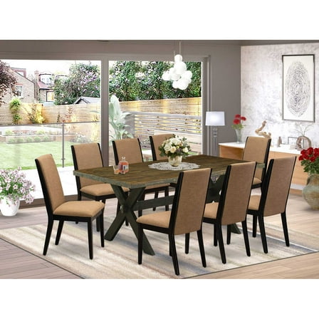 East West Furniture X677LA147-9 9-Piece Amazing Dining Set a Good Distressed Jacobean Wood Dining Table Top and 8 Gorgeous Linen Fabric Modern Dining Chairs with Stylish Chair Back, Wire Brushed...