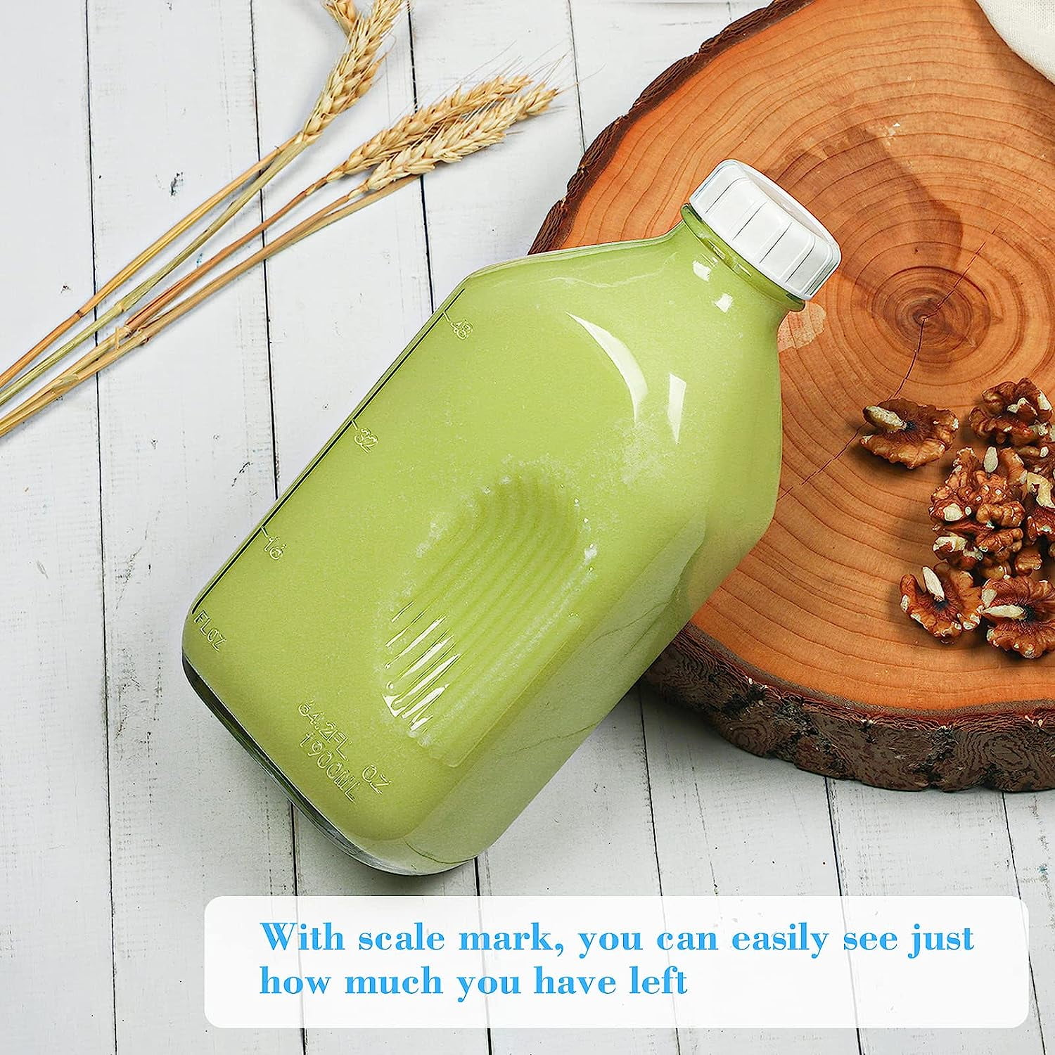 2 Qt Glass Milk Bottle with Reusable Strong Airtight SCREW LID, 64 Oz Glass Juice Bottles for Almond Milk, Oat Milk Nut Milk- 0.5 Gal Glass Water Bottle with 2 Exact Scale Lines, Extra Handle AND