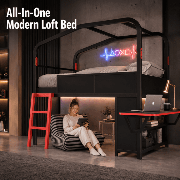 Full Size Metal Low Loft Bed with Desk, USB Ports & LED Lights, Black