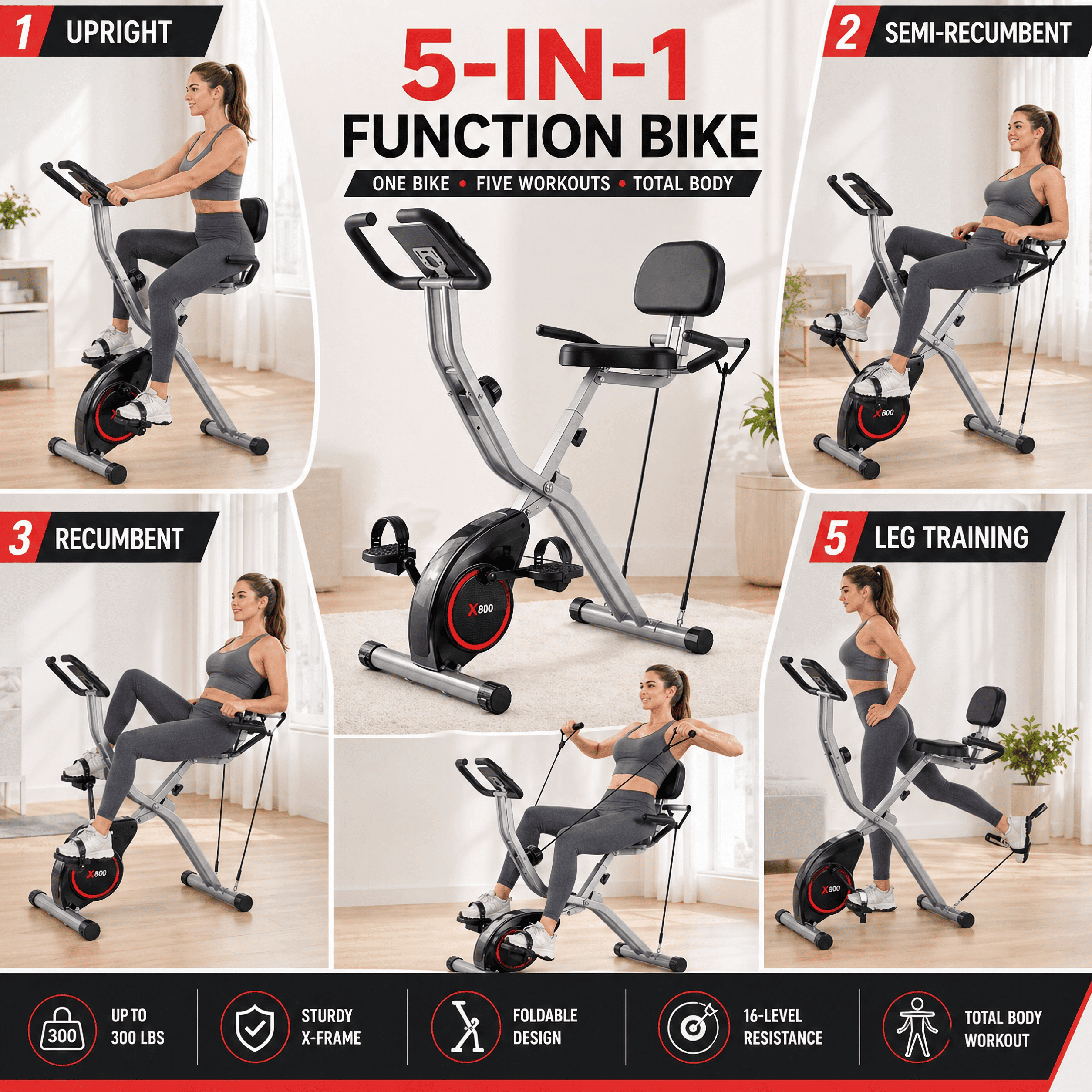 USLIM 5‑in‑1 Foldable Exercise Bike for Home, 16‑Level Magnetic Resistance Stationary Bike with Arm Bands, Backrest, LCD Monitor, 300 lb Capacity