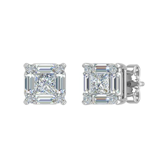 3/4 Carat Round, Princess & Baguette Shape Diamond Stud Earrings in 14K White Gold