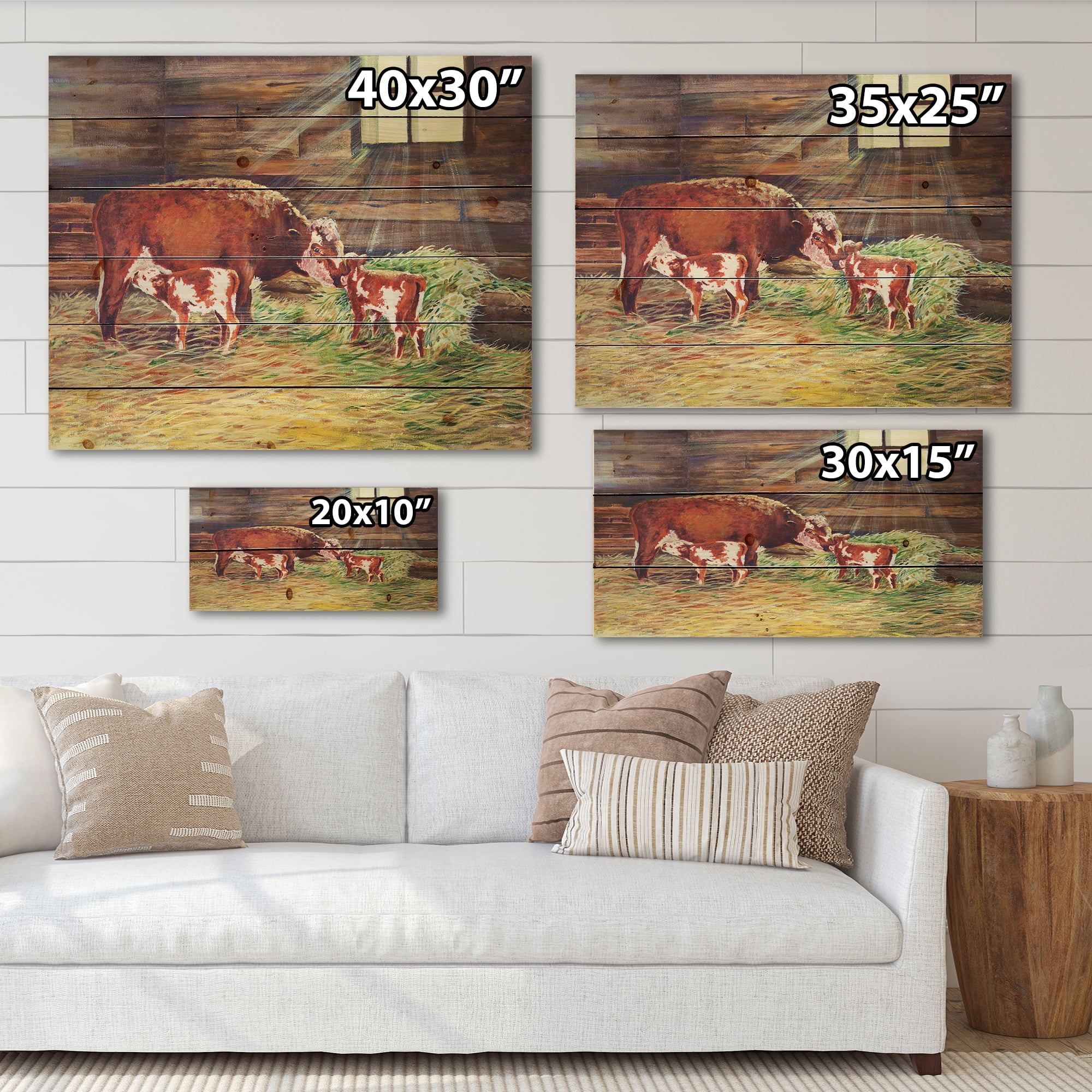 Designart 'Newborn Twin Calves With Cow At The Farm' Farmhouse Print on Natural Pine Wood