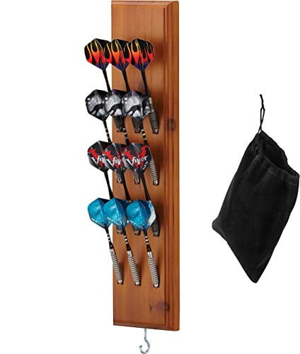 Solid Wood Wall Mounted Darts Holder can Displays 12 Soft or Steel Tip Darts with Metal Hook and Accessory Storage Bag Darts Holder 