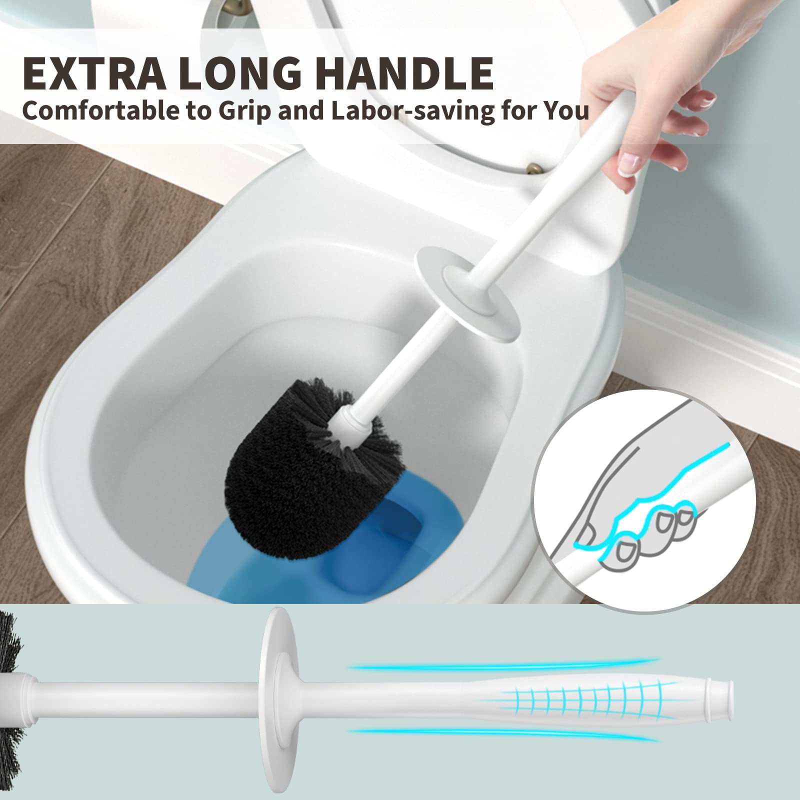 Toilet Bowl Brush with Extra Long Handle Durable Bristles Toilet Scrubber and Covered Holder for Toilet Brush Set for Bathroom Cleaning (White, 1 Set)