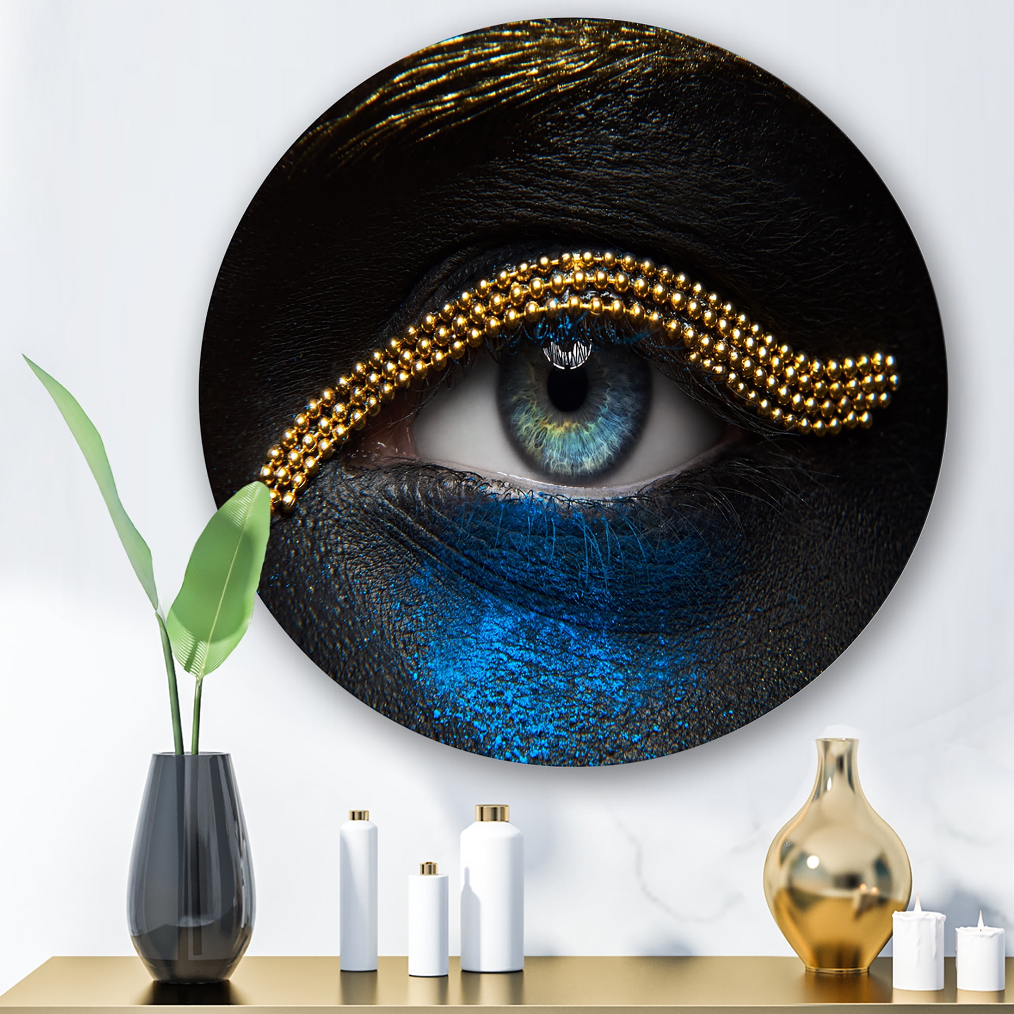 Designart 'Girl Eyes With Gold Chain and Blue Pigment' Modern Circle Metal Wall Art 11x11 - Disc of 11