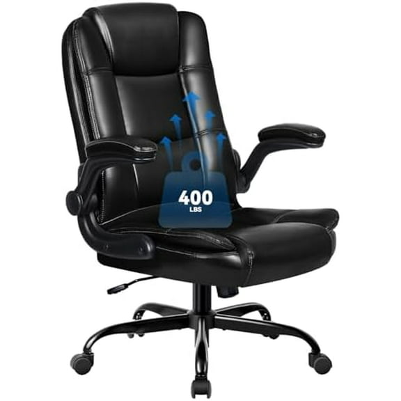 Executive Office Chair with Flip-up Armrests, Big and Tall Leather Ergonomic Office Chair, High Back Lumbar Support Home Computer Desk Chair, Heavy and Duty Computer Chair (Black)