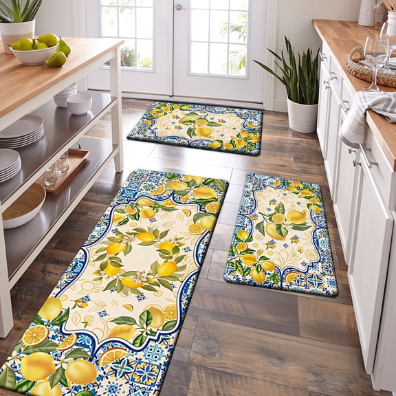 Lemon Pattern Non-Slip Kitchen Rug Set, Decorative Floor Mat for Living Room Bedroom Kitchen Dining Entryway Bathroom Laundry Room Home Decor for Spring Summer