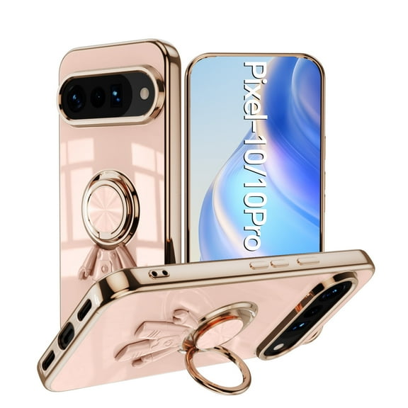 Slim Case for Google Pixel 10 /10 Pro,Stylish Plating Cute Astronaut Portable Finger Ring Kickstand Bumper Shockproof Lightweight Flexible Silicone Magnetic Car Holder TPU Phone Case,Lightpink
