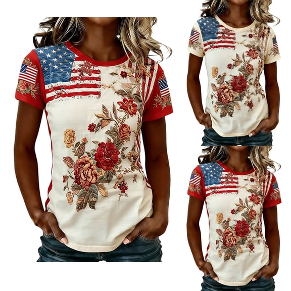 250 Anniversary Usa Shirt Summer Tops for Women Graphic Tees Stylish Printed Short Sleeve Round Neck Comfortable Casual Daily Everyday Wear