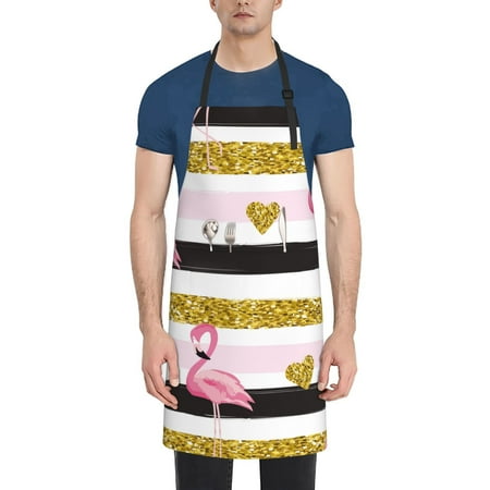 

Vsdgher Gold Glittering Hearts and Flamingos Waterproof Apron with 2 Pockets Kitchen Chef Aprons Bibs for Grooming Cooking Baking Painting Gardening