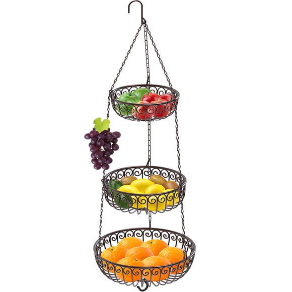 Simple Houseware 3-Tier Hanging Fruit Basket, Round, Bronze