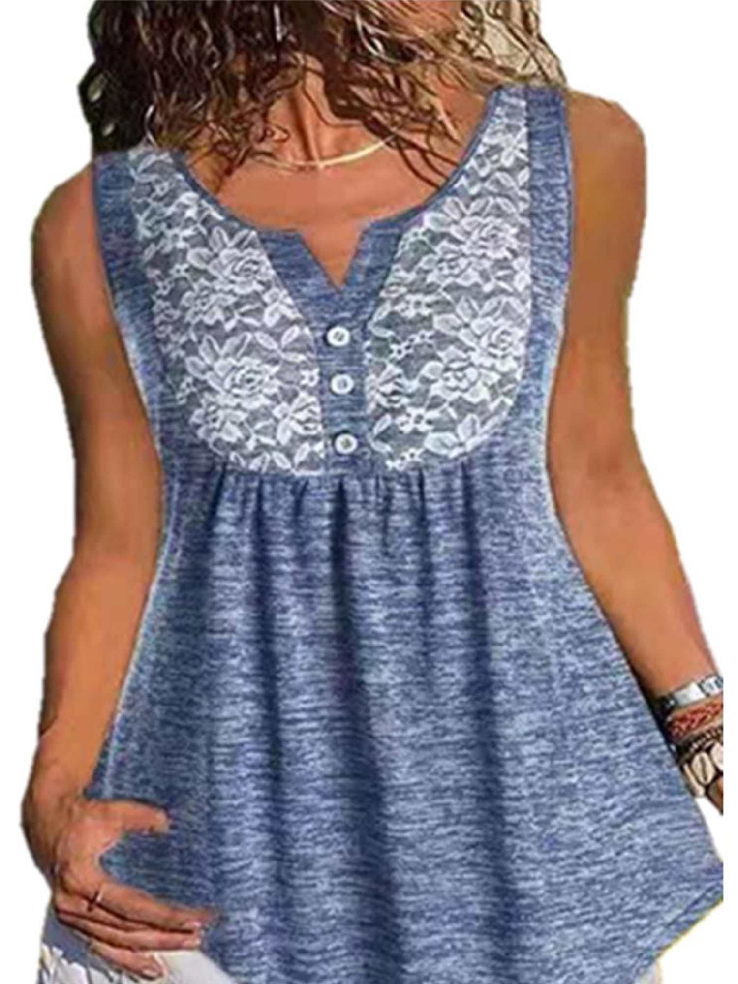 Womens Lace Patchwork Button Trim Blouse Top Shirt Crop Tank Vest Plus Size S-5XL