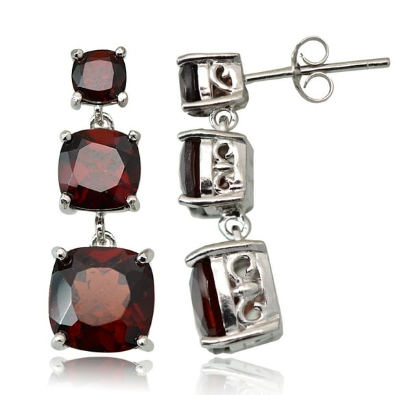 Sterling Silver 8.1ct Garnet Three Stone Cushion-Cut Drop Earrings