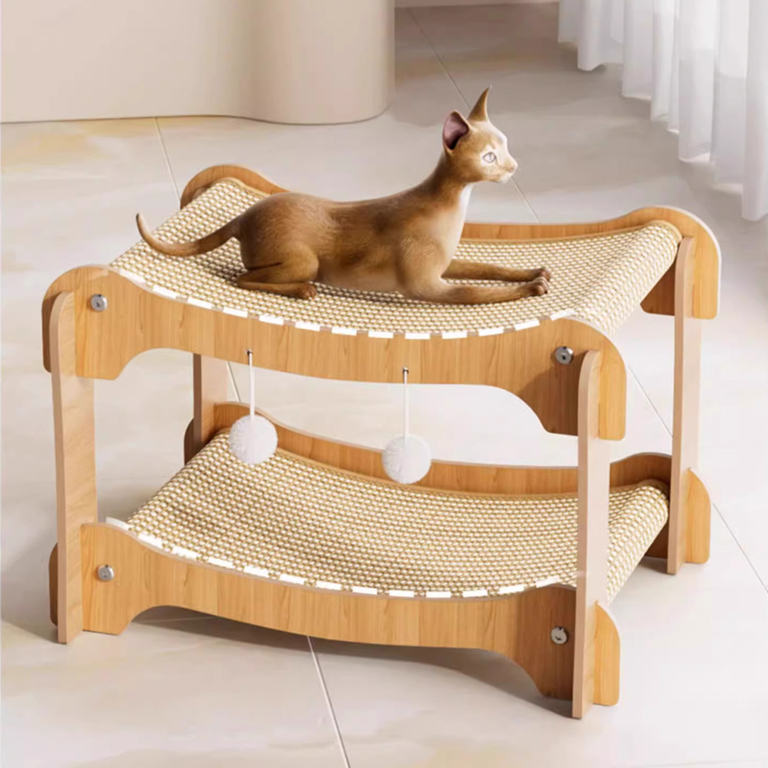 Double Layer Cat Bed & Scratcher House, Sisal Bunk Bed for Indoor Cats, Warm Semi-Enclosed Hideaway