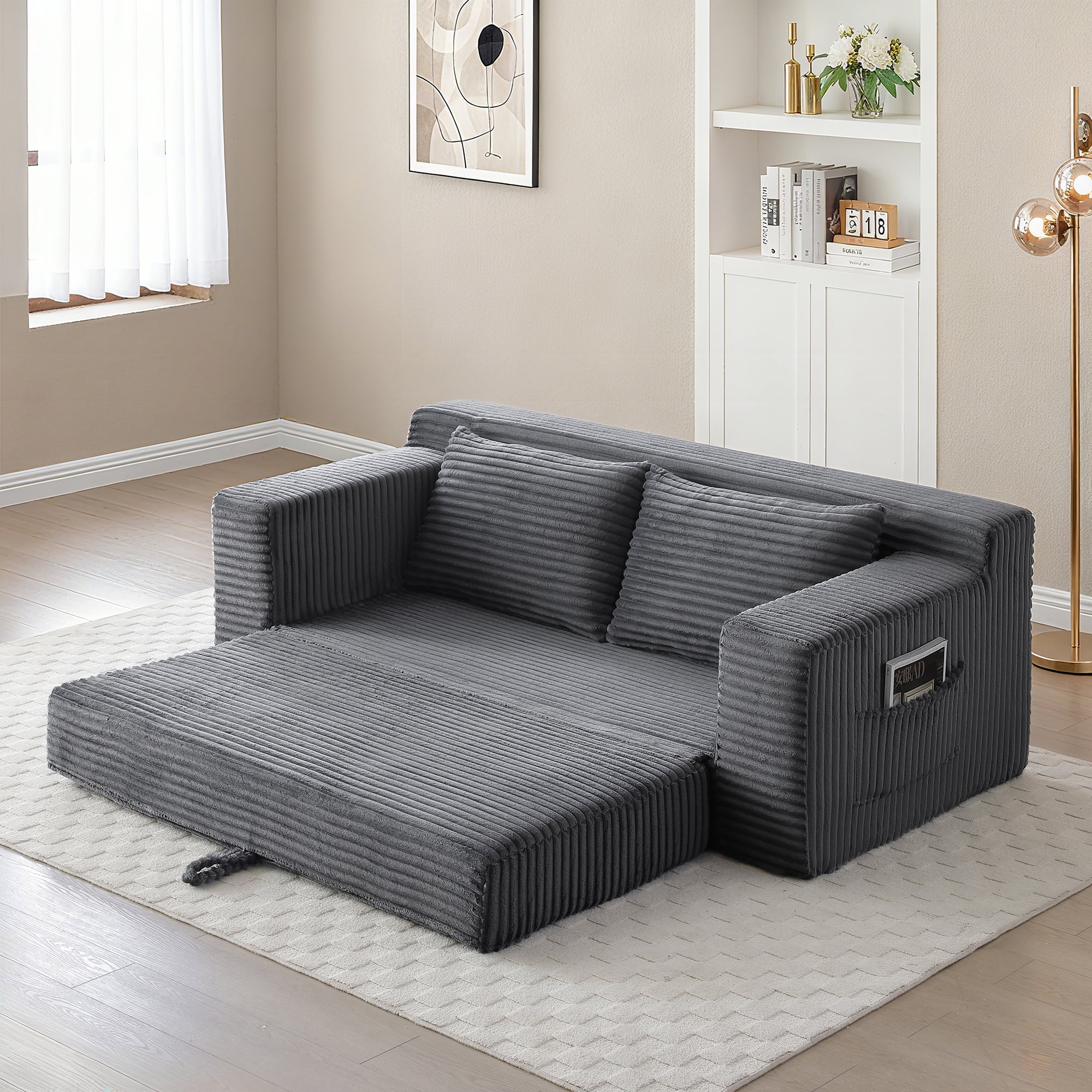 Miniyam Cloud Loveseat Sofa, 2 in 1 Convertible Folding Couch Bed, No Assembly Compressed Corduroy Floor Lounge Sofa for Apartment Office, Grey