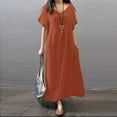 thumbnail image 2 of ZyeKqe Cotton Linen Maxi Dress for Women Short Sleeve V Neck Long Dress Casual Loose Flowy Dress with Pockets, 2 of 6