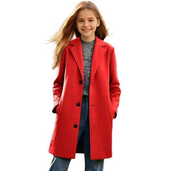 SuTry Girls Solid Color Long Wool Coat Lapel Button Outerwear with Pockets Fall Winter Vacation Casual Wear for Kids 5-14 Years(Red,9 Years)