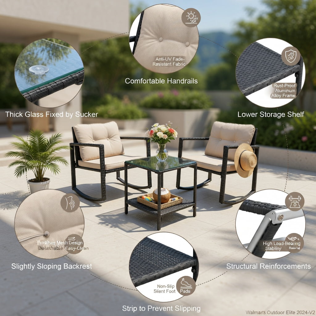 Hommoo 3-Piece Wicker Rocking Bistro Set, Outdoor Patio Chairs + Tempered Glass Coffee Table with Storage Shelf, Brown