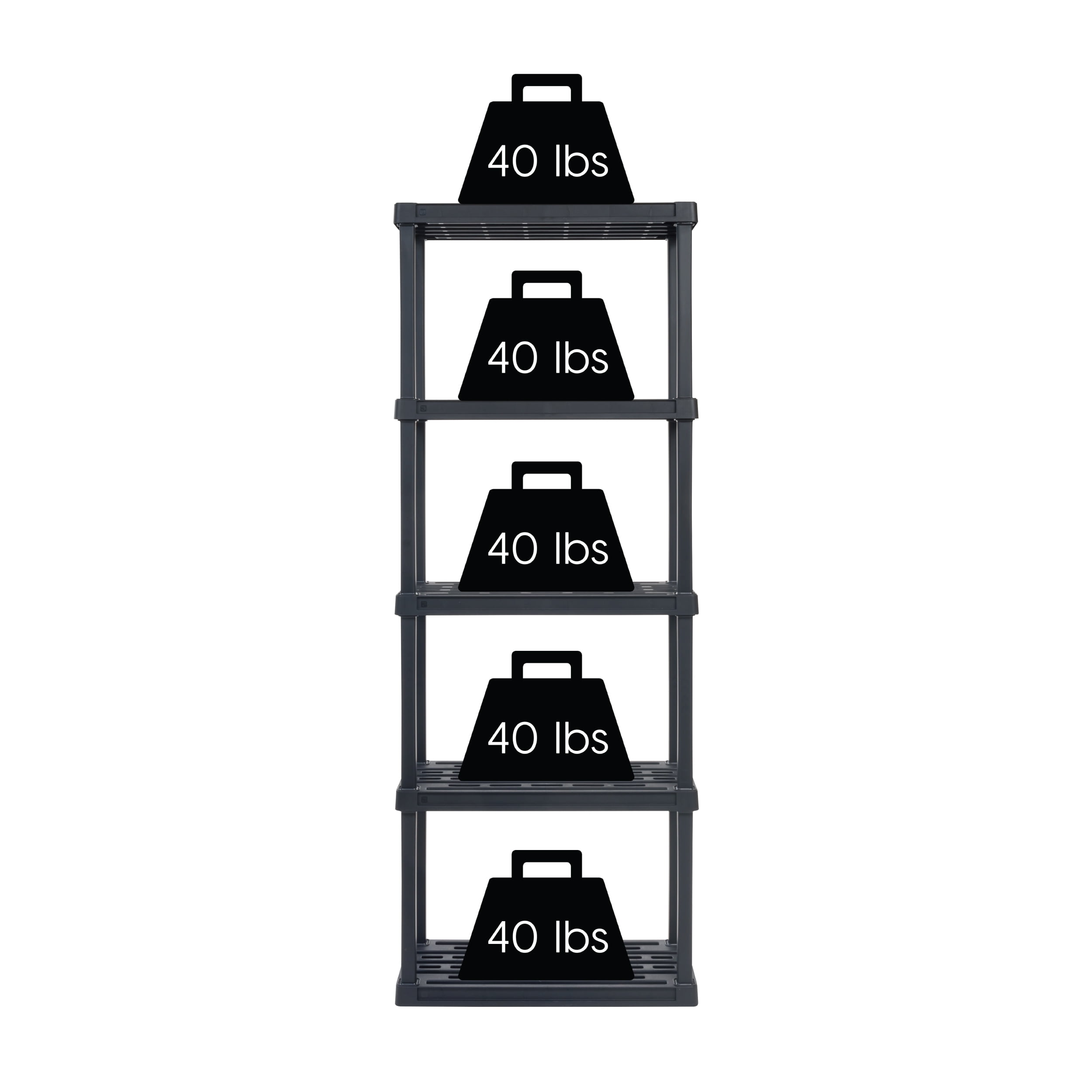 IRIS 5-Tier Plastic Storage Shelves, 63" H x 11" W x 23" D, 200 Lb Total Capacity, Black