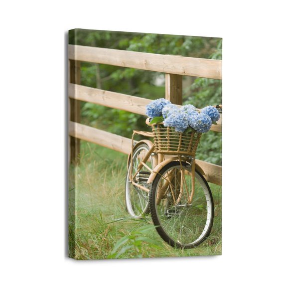 Coastal Inspired 12X16inch Bicycle and Flower Canvas Print Stylish Wall Art for Living Room, Bedroom, or Bathroom