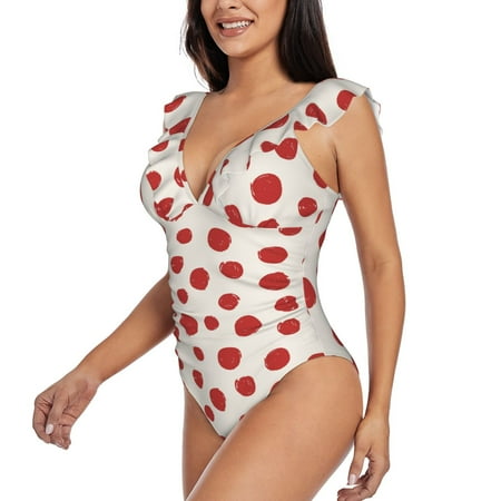 KLL Abstract Red Polka Dot for Women s Ruffled One Piece Swimsuit Tummy Control Bathing Suit V Neck Swimwear