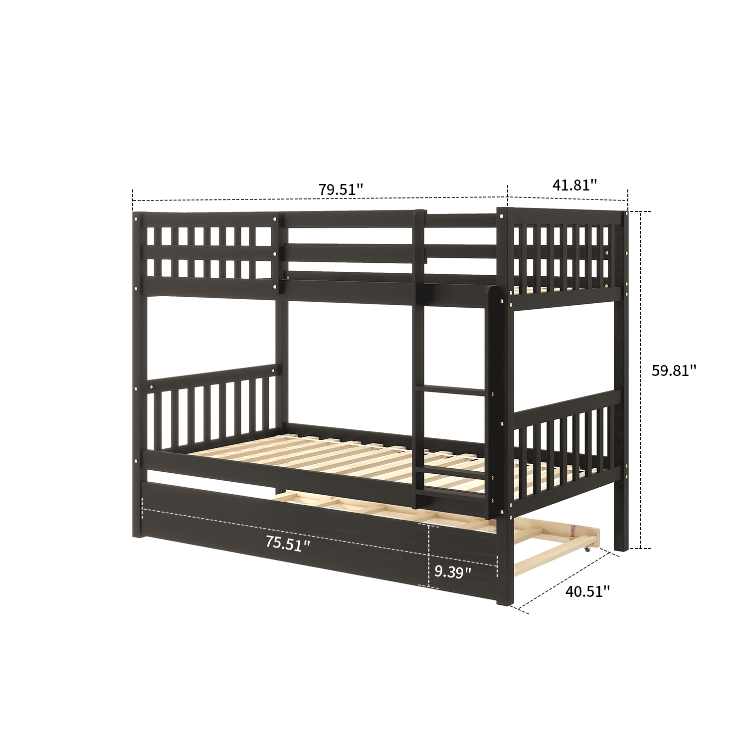 Modern and Minimalist Style Twin Size Wooden Bunk Bed with Ladder and A Trundle, Espresso - image 5 of 5