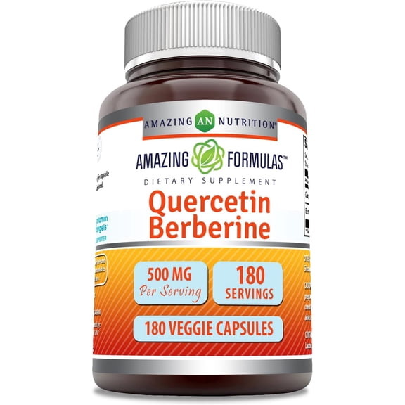 Amazing Formulas Quercetin Berberine 500mg 180 Veggie Capsules Supplement | 250mg Quercetin & 250mg Berberine Non-GMO | Gluten Free | Made in USA | Ideal for Vegetarians