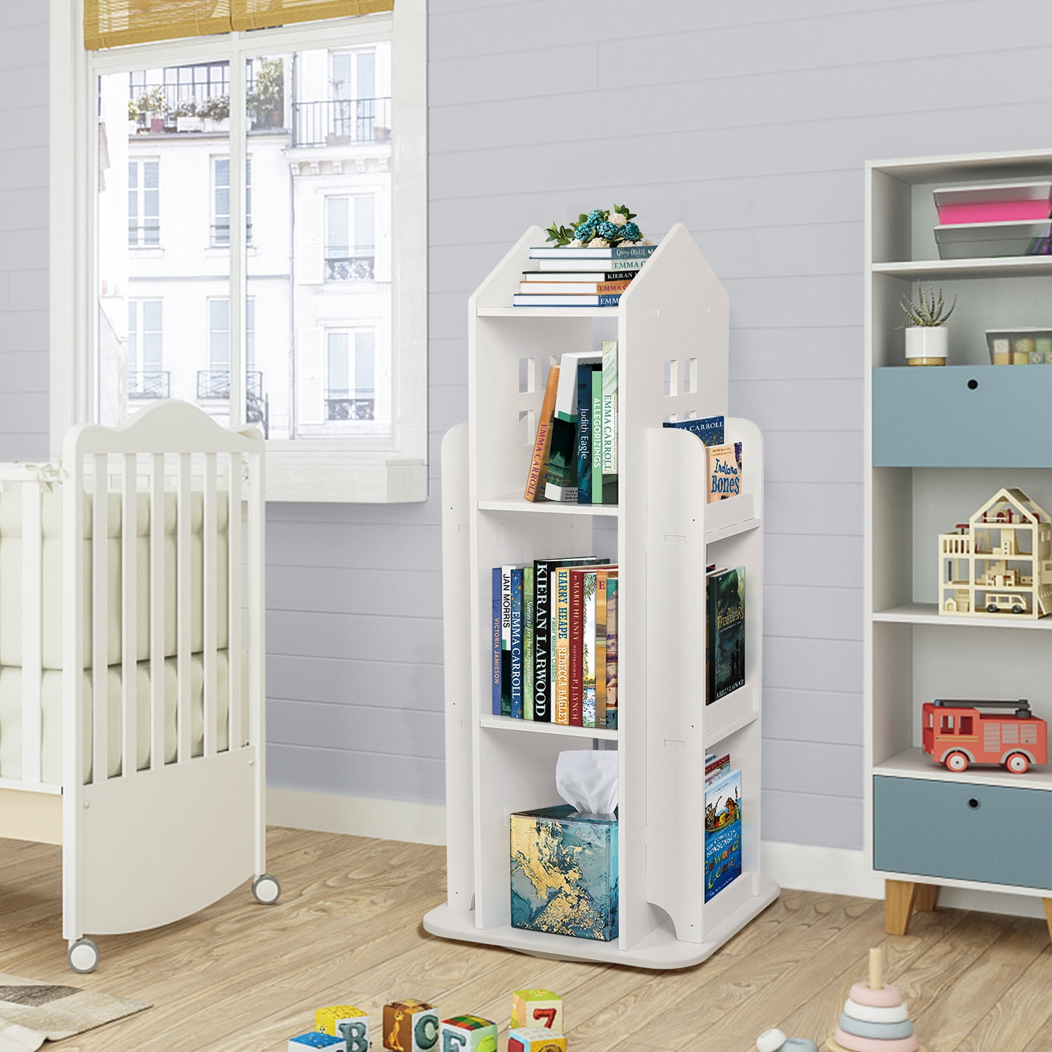 IAJXWI 3 Tier Rotating Bookshelf, 360° Floor-Standing Revolving Bookcase, House Shape Multi-Functional Reading Corner for Bedroom Study Living Room