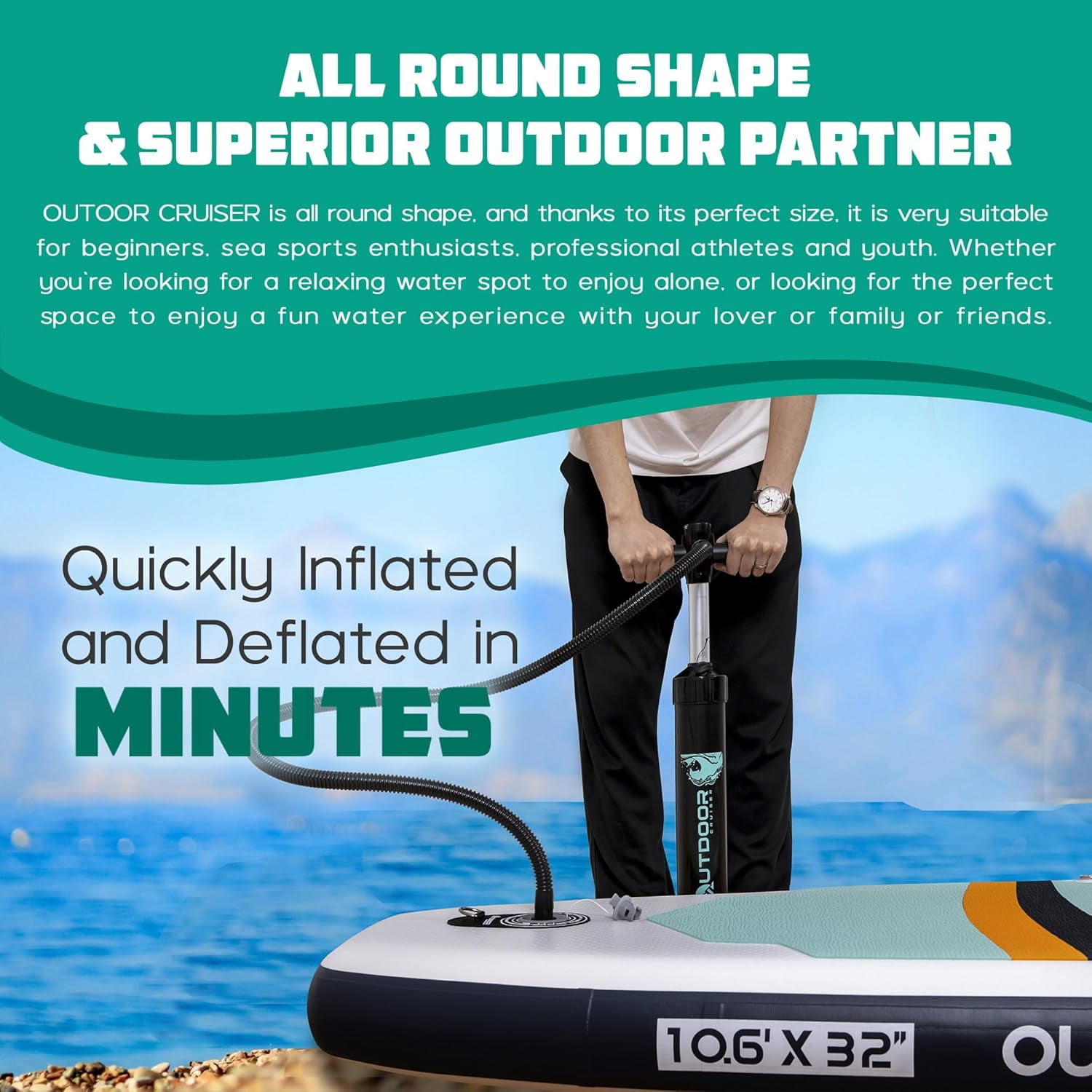 Outdoor Crusier Inflatable Stand Up Paddle Board, Ultra Portable & Lightweight, Wide Stable Non-Slip Design, Complete SUP Accessories, High-Quality Drop-Stitch Material - Aqua