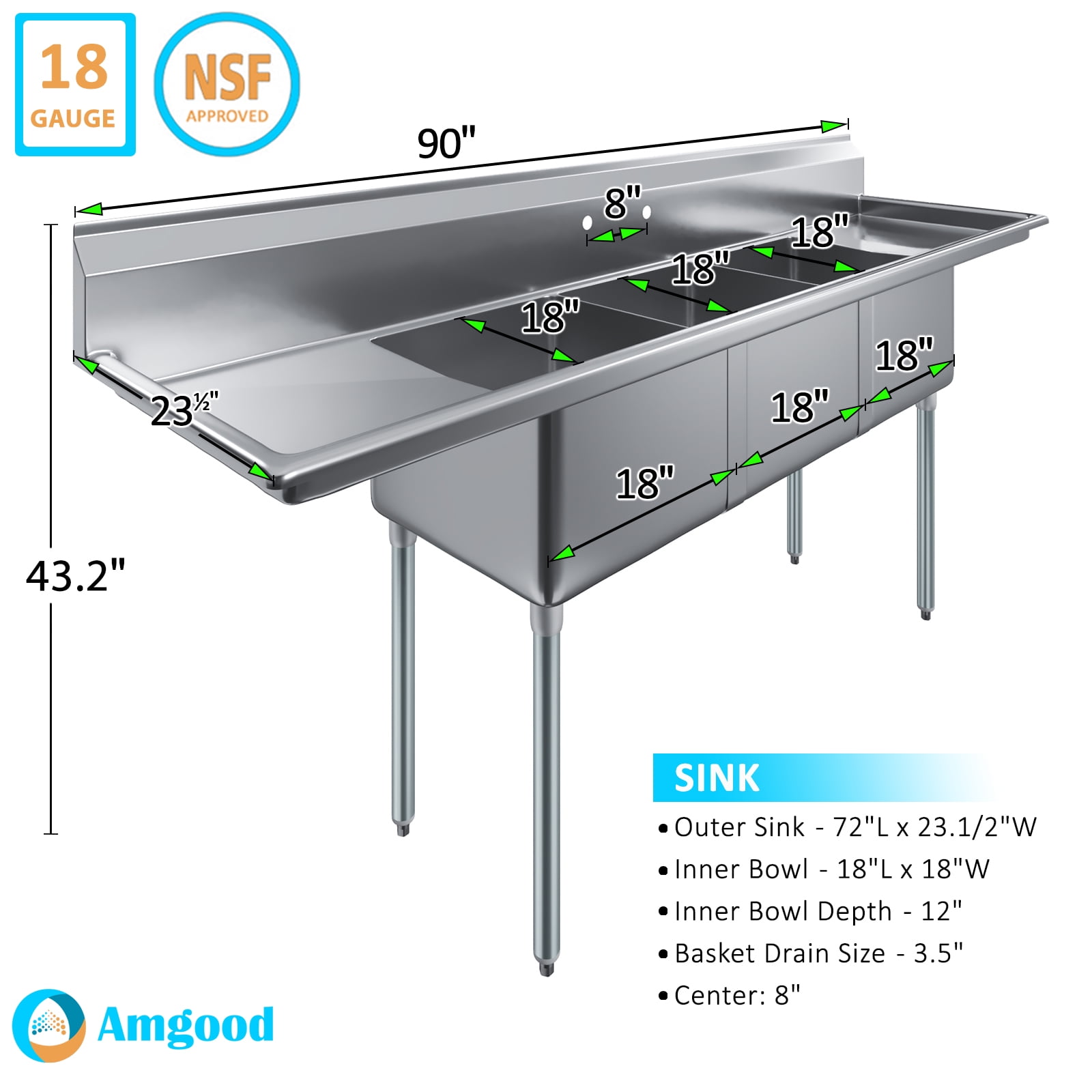 18″ x 18″ x 12″ with 18″ Left and Right Drainboards Three Compartment Stainless Steel Commercial Kitchen Prep & Utility Sink | NSF