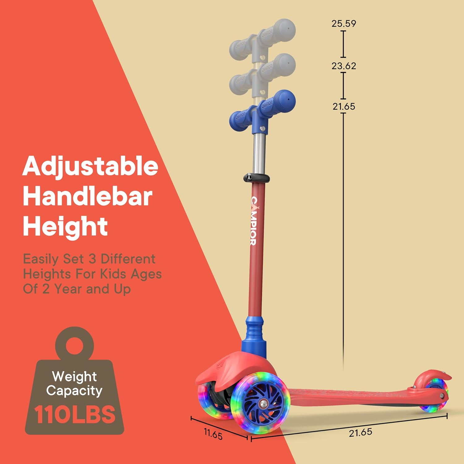 Mini 3 Wheel Kids Scooter with LED Wheels, Adjustable Handlebar, Wide Anti-Slip Deck, Smooth PU Wheels, Rear Foot Brake, Toddler Scooter for Ages 2+, Red & Blue