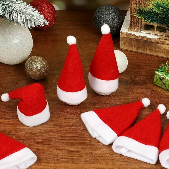 10-Pack Mini Red Santa Hat Table Decorations – 4.7"x2.4" Reusable Holiday Silverware Holders, Cup & Bottle Covers, Festive DIY & Party Accents