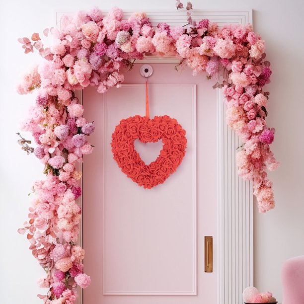 Fiudx Guirnalda de Corazones para San Valentín, Romántica Corona de Flores de Seda, Elegante Cinta Decorativa, Decoración para Propuesta de Matrimonio, Decoración para La Entrada de La Casa, Fácil Cu