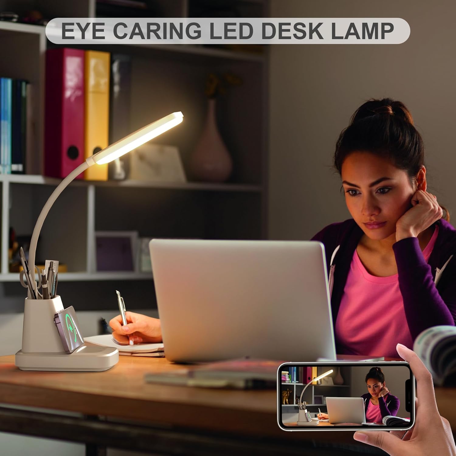 Desk Lamp with Wireless Charger, LED Desk Lamps for Home Office Eye-Caring CRI 85+, 3 Color Modes, Stepless Dimming Touch Table Lamp, Study Small White Lamp with Pen Holder for College Dorm