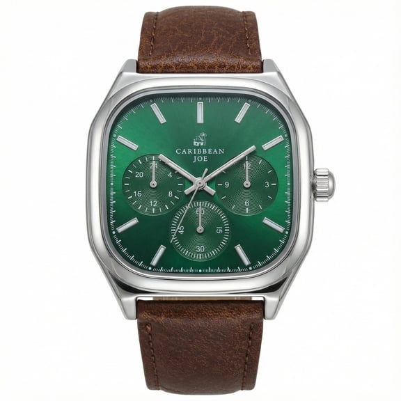 CARIBBEAN JOE Men's Fashion Watch, 40mm Square Silver-Tone Case, Dark Green Sunray Dial, Brown PU Leather Strap, Analog Quartz Movement Casual Dress Wrist Watch