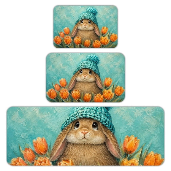 RKSupls Kitchen Rug Set 3 Piece Anti-Slip Flannel Floor Mats, Winter Kittenwith Scarf Washable Absorbent Runner Mats for Kitchen Bathroom Home Decor