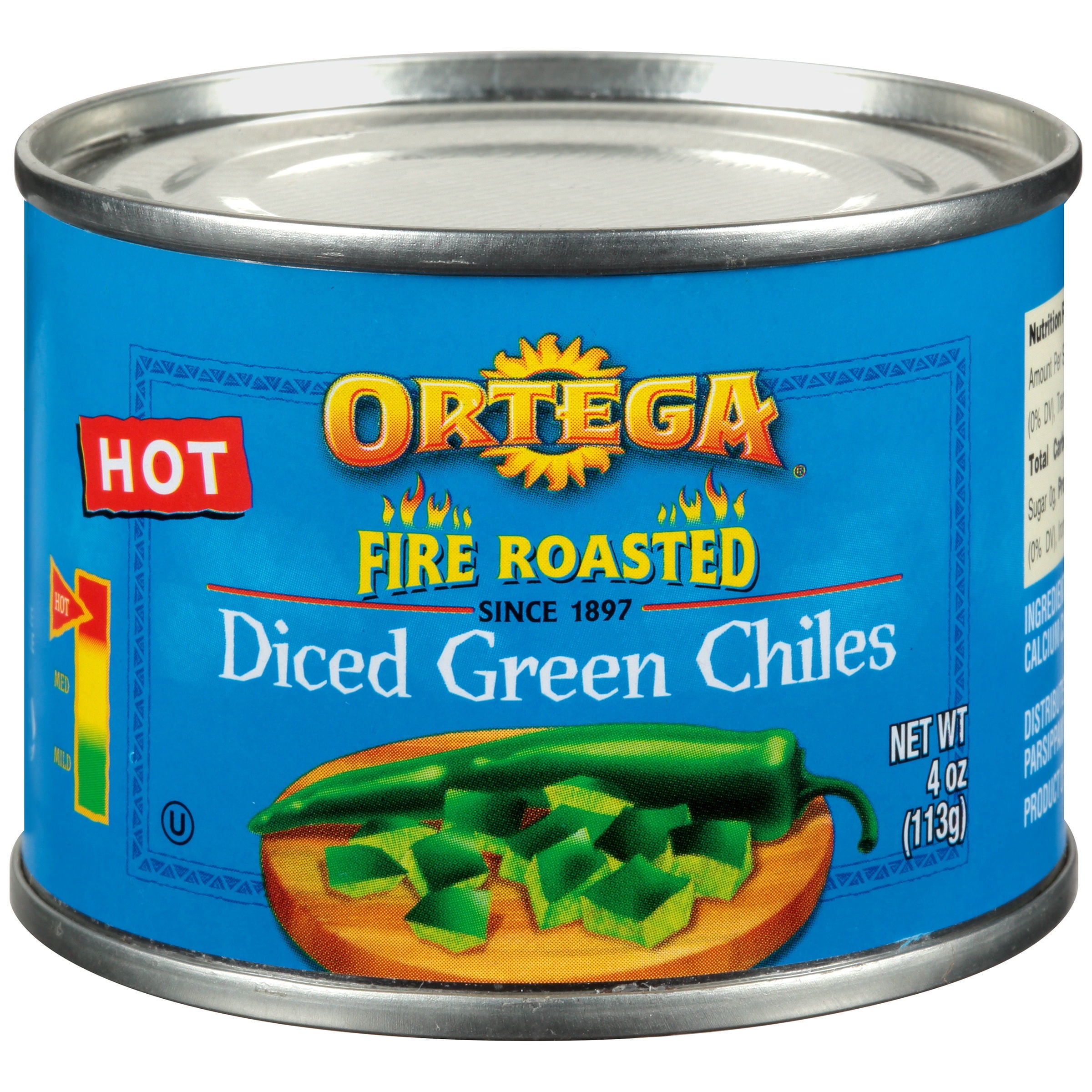 Ortega Fire Roasted Hot Diced Green Chiles Can, 4 oz