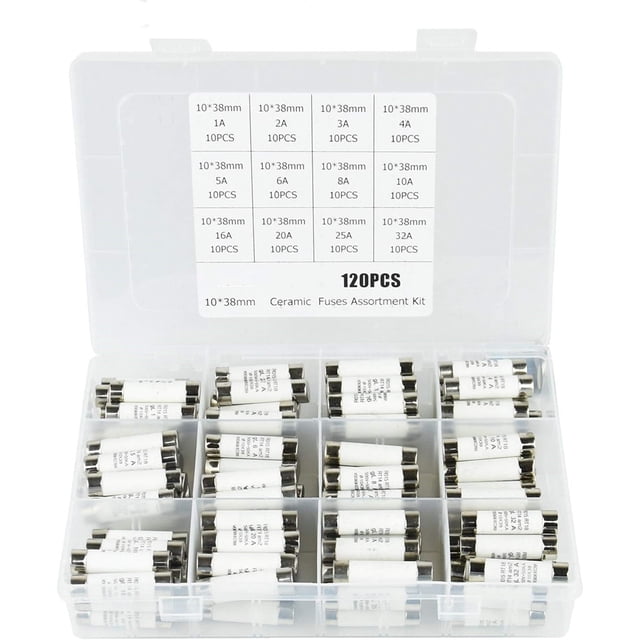Fusibles 120 piezas 12 valores Kit surtido de fusibles cerámicos, 10 x 38 mm 500 V 1 A 2 A 3 A 4 A 5 A 6 A 8 A 10 A 16 A 20 A 25 A 32 A Fusibles de tubo con caja de plástico (color: 120 piezas)